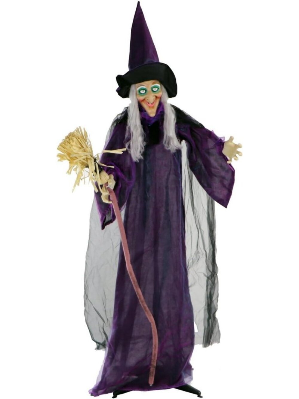 Life-Size Scary Talking Witch Animatronic with Broomstick - Halloween Decor